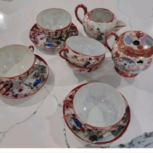 10 Piece Vintage Japanese Kutani Porcelain Tea Set Hand Painted Geisha Red Gold